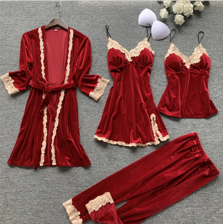 Lace Sexy Homewear Sleep Set Female Velour Long Sleeve Home Clothing Pajamas Suit Nightwear Pijamas Suit Casual Sleepwear