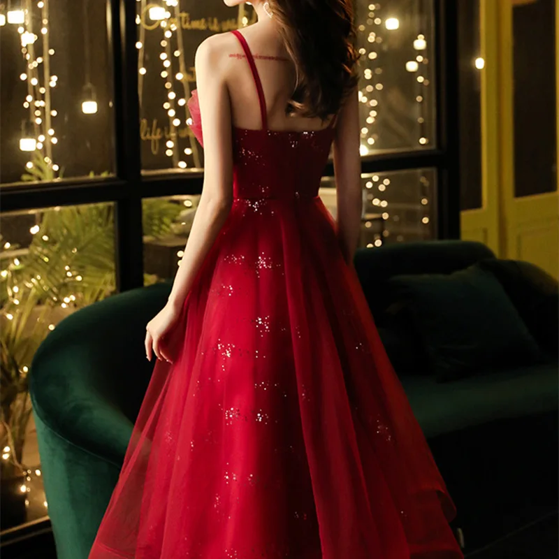 

Strapless Burgundy Prom Gowns Lace up Customized Plus size Ruffles A-line Tea-length Appliques 2020 Woman Party Dresses R1556