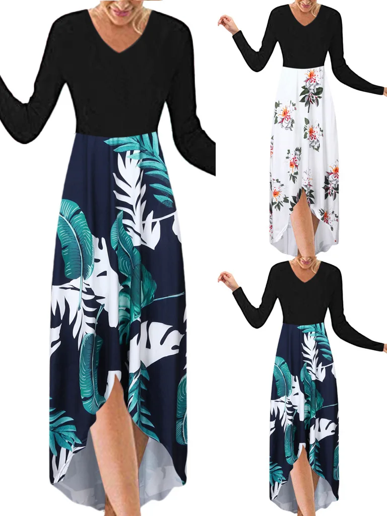 

Women Autumn Floral Print Patchwork Midi Dress Sexy V Neck Long Sleeve Fall Elegant Black Vintage Long Party Dress Vestido Robe