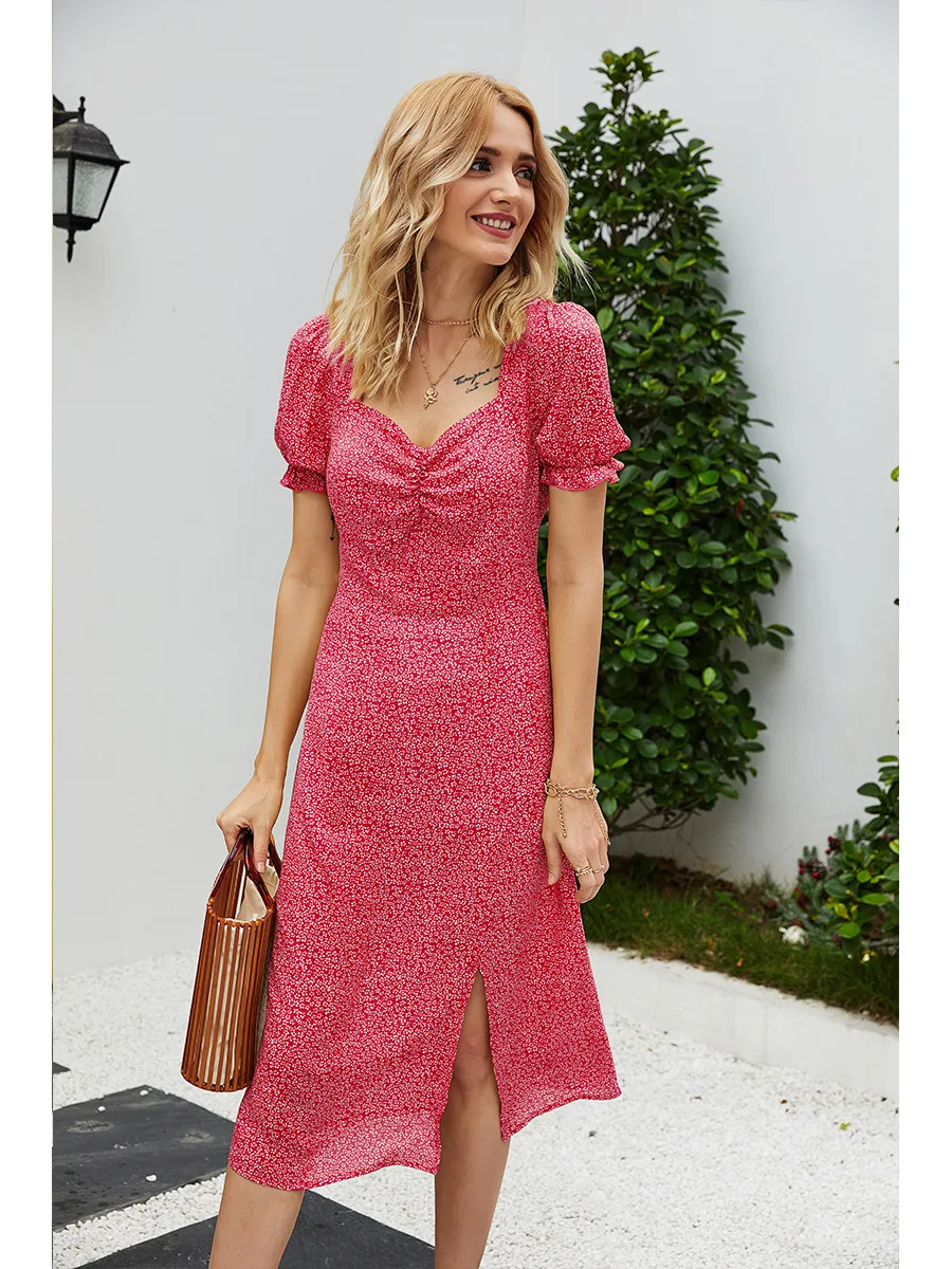 

Fashion Side Split V-Neck Short Puff Sleeve Summer Dress 2020 New Women Floral Casual Dress Streetwear Slim Vestidos Robe Femme