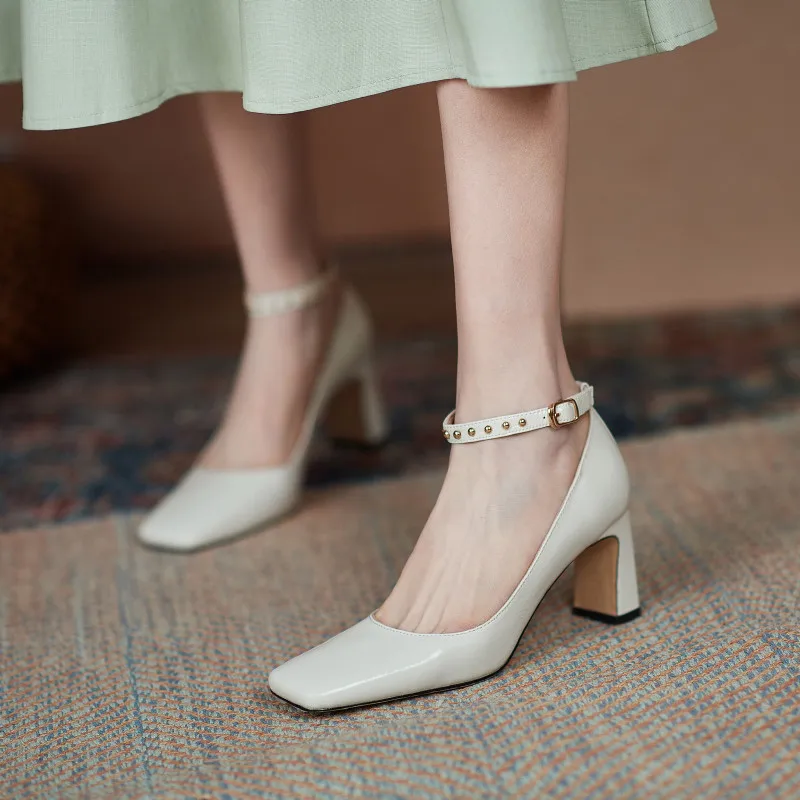 

Asumer Big Size 41women Pumps Patent Leather Ankle Buckle Rivet Single Shoes Square Toe Classic High Heels Wedding Shoes Woman