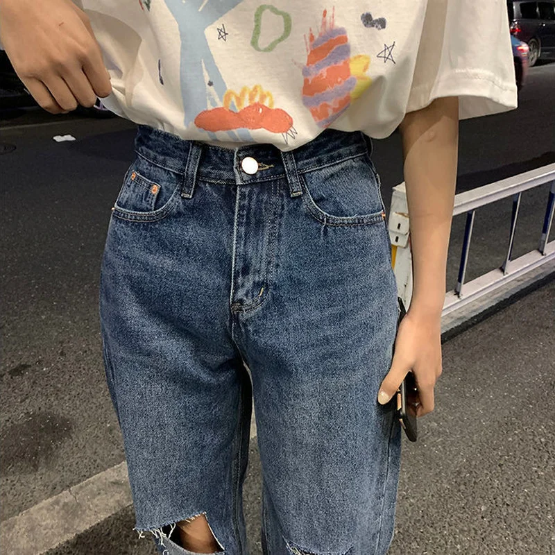 

Women Jeans Hole Harajuku Retro Loose Wide Leg Denim Trousers Vintage High Waist Ulzzang Fashion Students All Match Mopping Ins