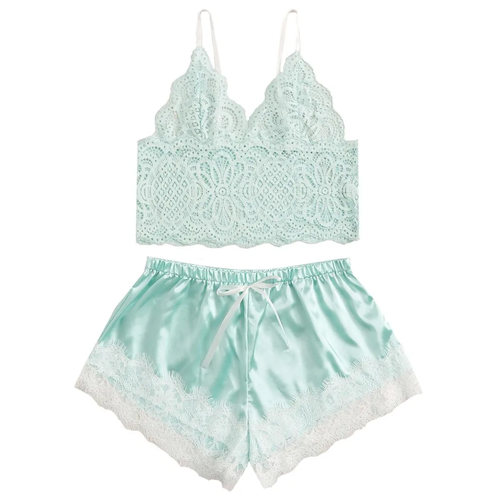 Для женщин комплект нижнего белья из кружева с v образным вырезом атласная ночная