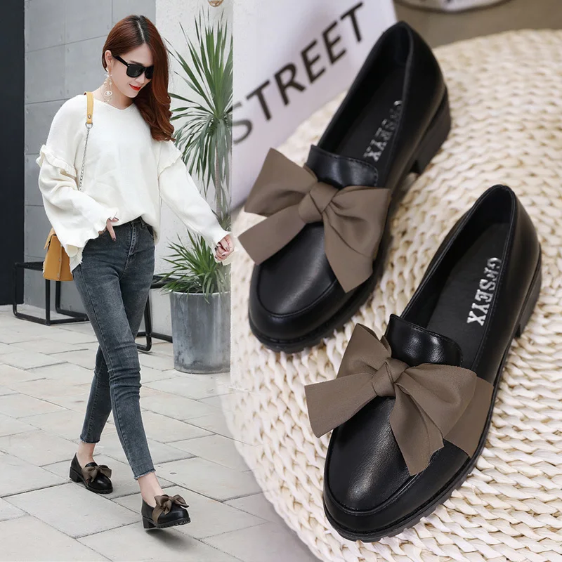 2020 новые женские туфли с мягкой подошвой на плоской подошве бантом черные из