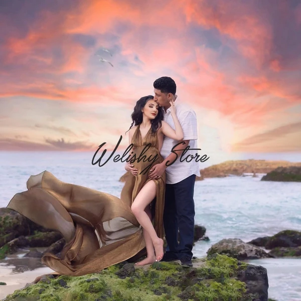 

Sexy V-neck Sleeveless Silk Satin Long Dress Women Photo Shoot Sparkle Gold Side High Split Backless Soft Maternity Dress Summer