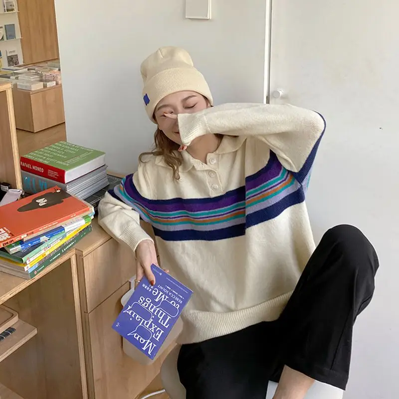

New Autumn Sweater Women Commuter Wind Lapel Sweater Vintage Loose Knit Sweater Thick Fashion Color Matching Striped Sweater