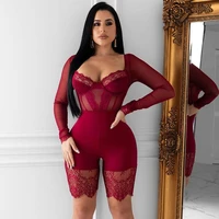 lace patchwork sexy bodysuit womens jumpsuit shorts mesh sheer long sleeve rompers elegant bodycon bandage party short playsuits