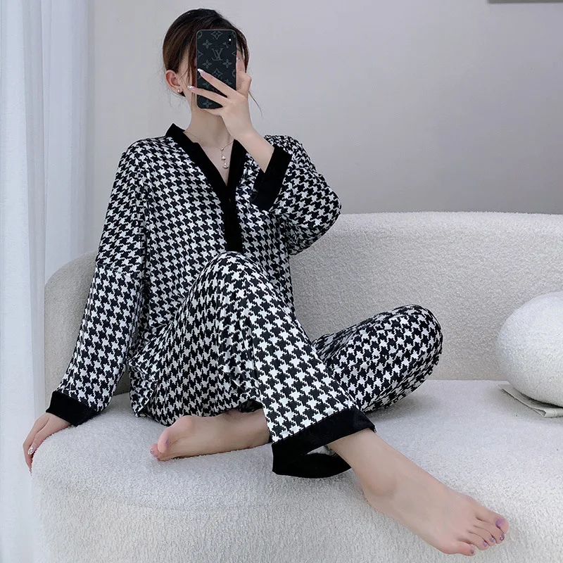 

Women Houndstooth Pajamas Sets 2PCS Sexy V-Neck Buckle Velour Pyjamas Suit Sleepwear Loungewear Nightwear M-XXL Spring Home Wear