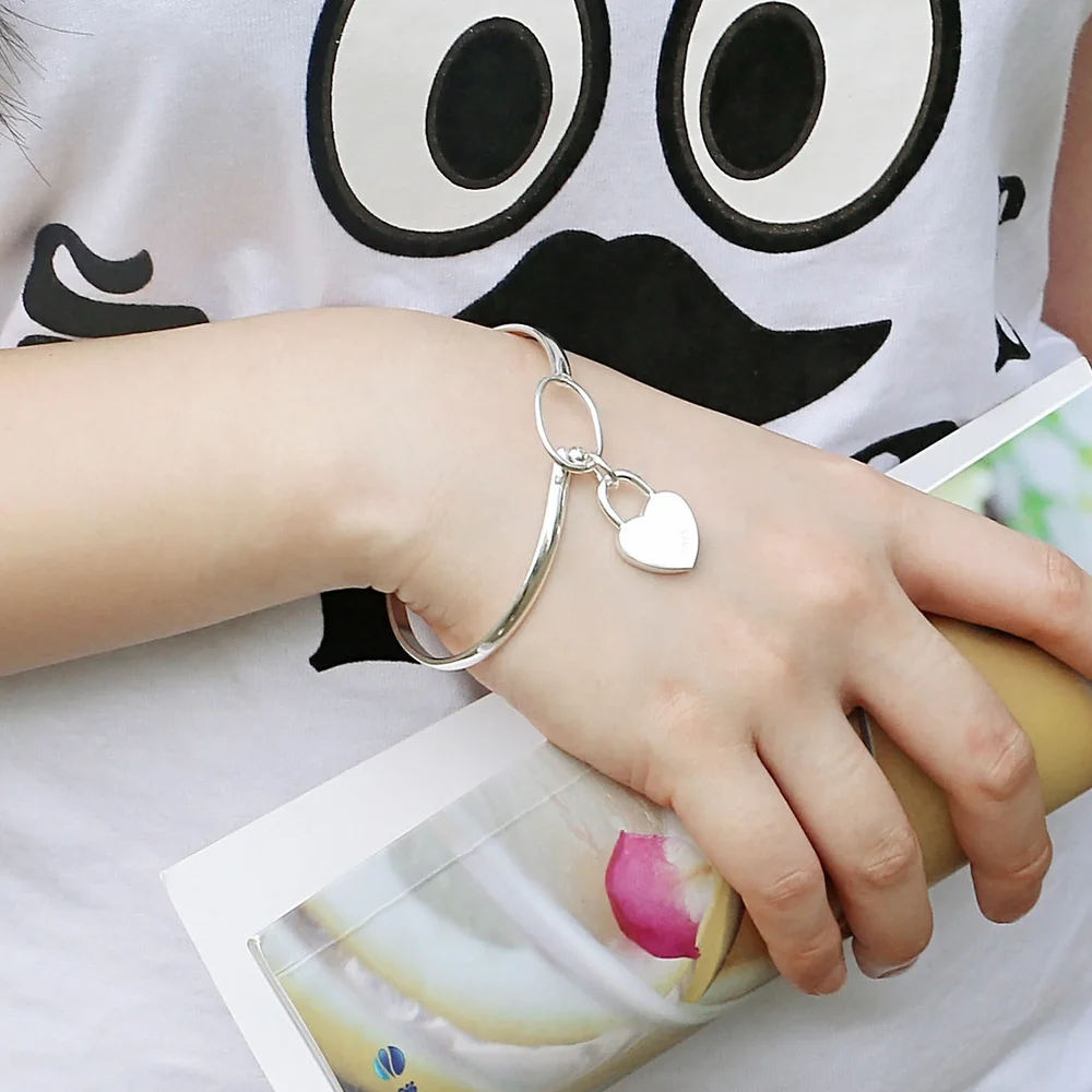 

Classic Silver Ware Jewelry Women's 925 Sterling Silver Bracelet Heart Bangle Solid Silver Open Bracelet Birthday Party Gift