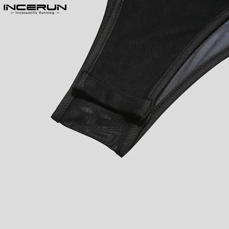 INCERUN Fashion Casual New Men Long Sleeve Triangle Rompers Breathable Mesh Sexy Leisure Patchwork Hot Sale Bodysuits S-5XL 2023