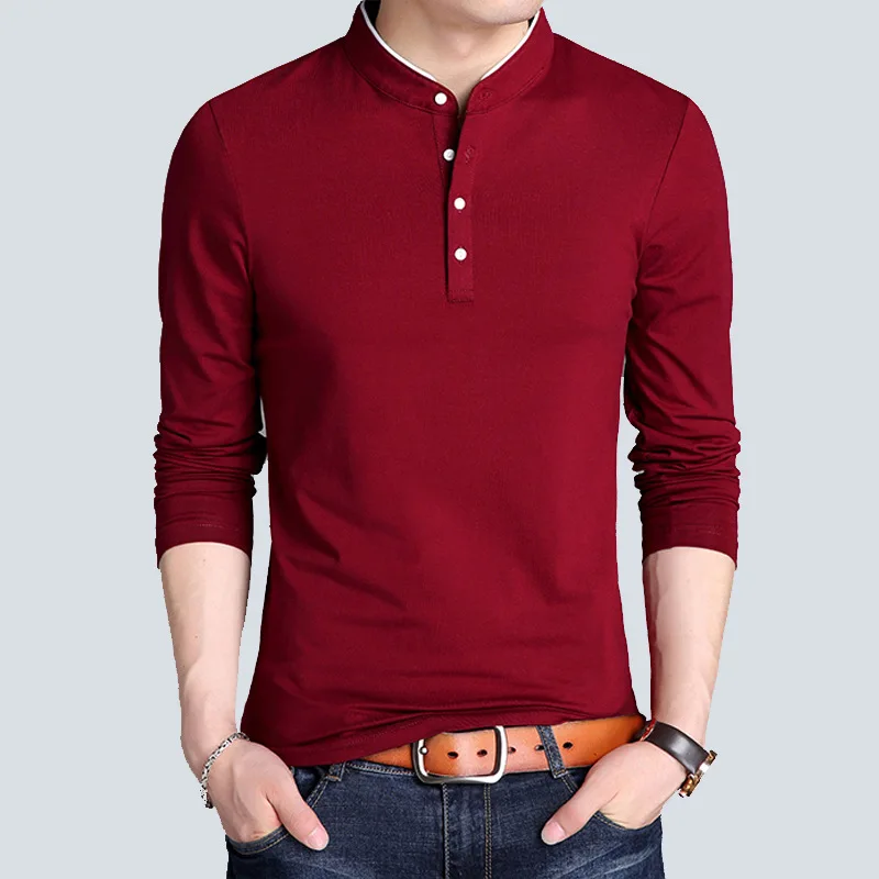 

2021 Henley T-Shirt Men Cotton T Shirt Full Sleeve tshirt Men Solid Color T-shirts tops&tees Henley Neck Shirt Spring Autumn