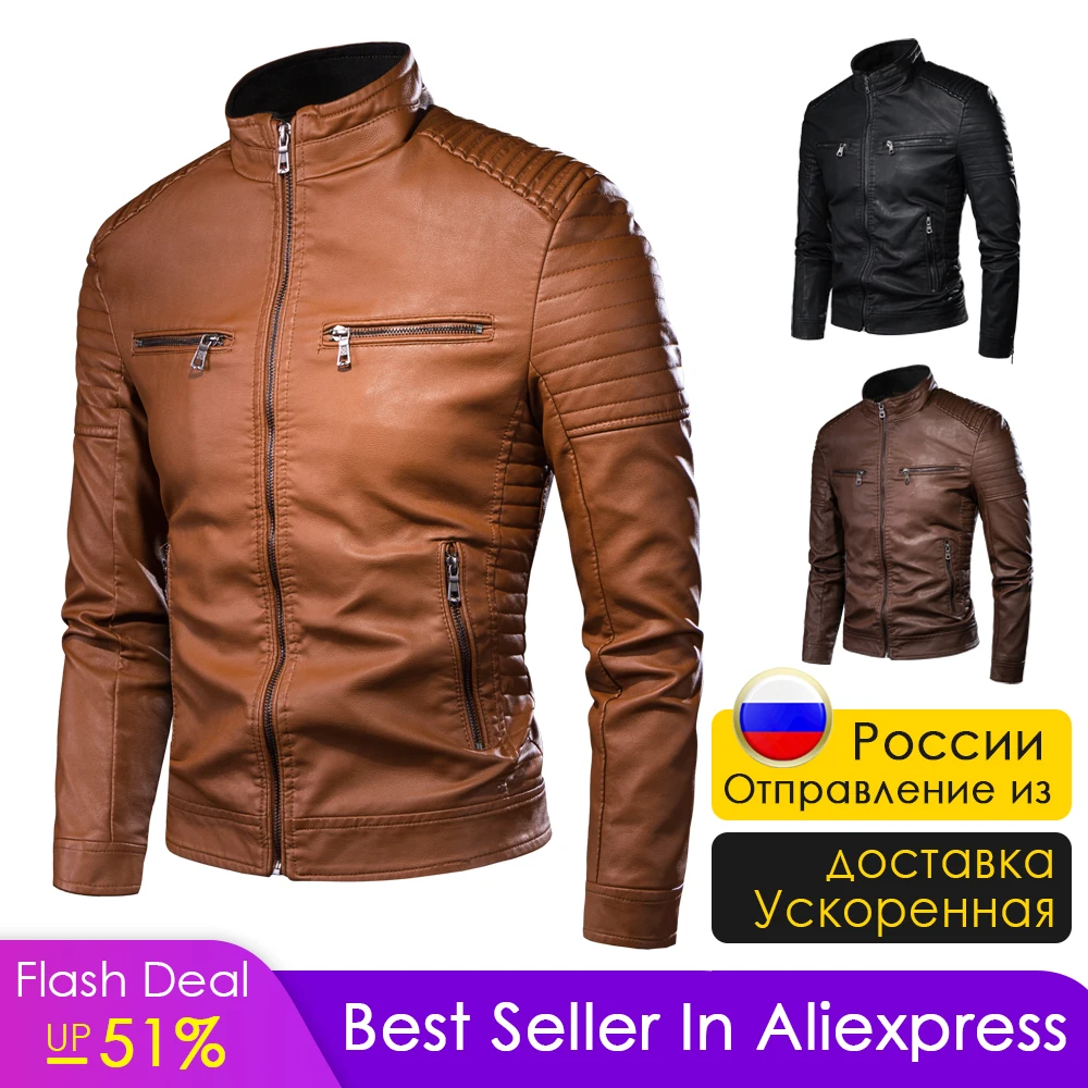 

ZREZ Men Autumn Brand New Causal Vintage Leather Jacket Coat Men Spring Outfit Design Motor Biker Pocket PU Leather Jacket Men