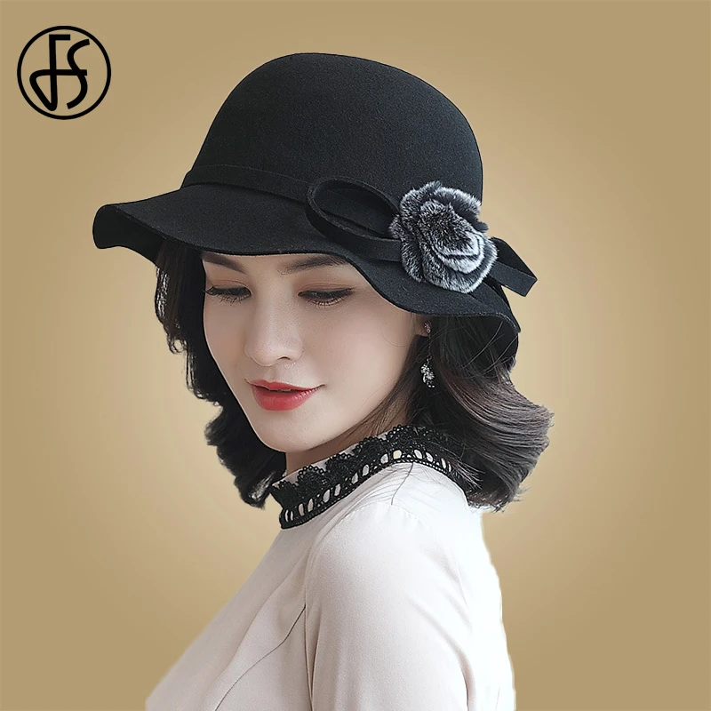FS шерстяная фетровая шляпа в стиле ретро для женщин зимняя котелок с цветочным