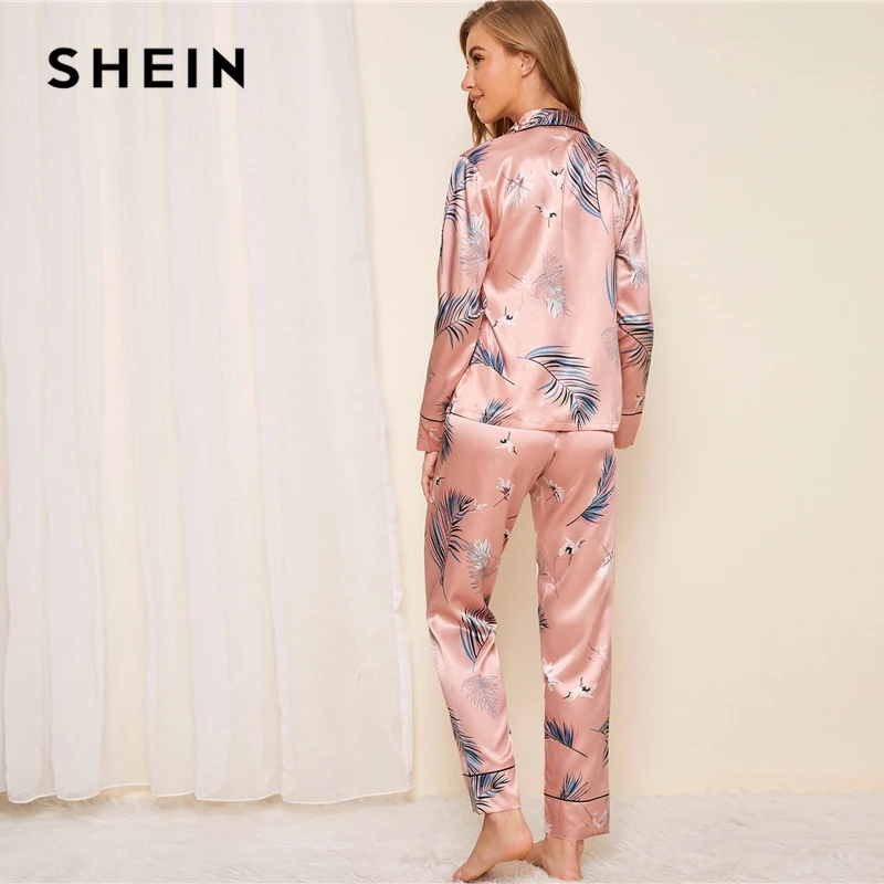 SHEIN розовый кран и лист печати Атласный пижамный комплект Женский Осенний Повседневный короткий рукав белье с карманом длинные штаны пижамные наборы