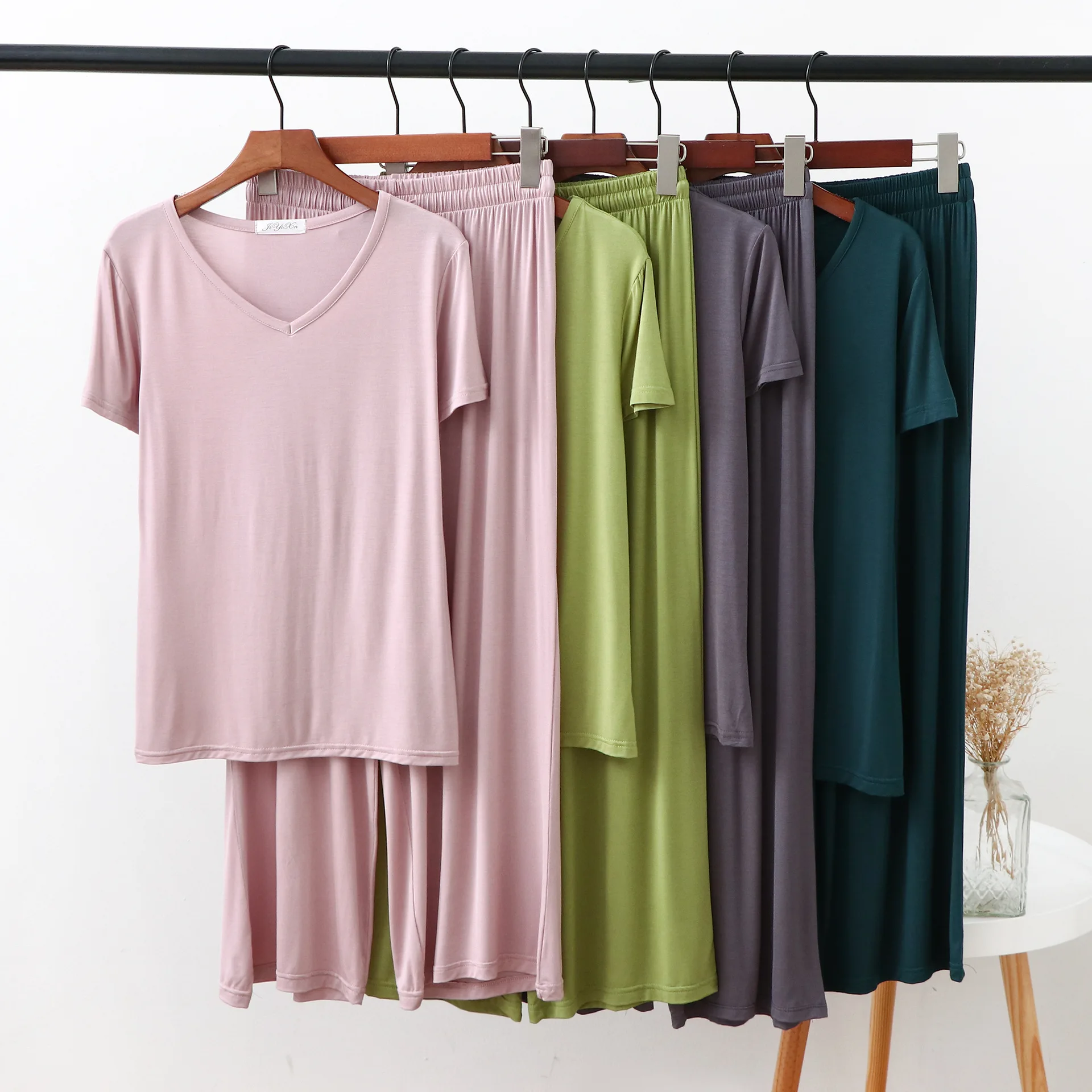 

Summer Women's Home Service Suit Spring V-Neck Short Sleeve Tops Wide-Leg Pants Trousers Thin Section Sexy Nightwear 2 Piece Set