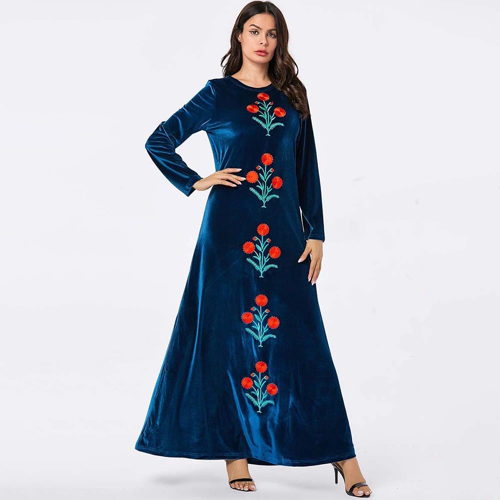 

Muslim dress Fashionable and dignified Arabian women's plant embroidery casual gold velvet large swing dress Abaya Dubai Dresses