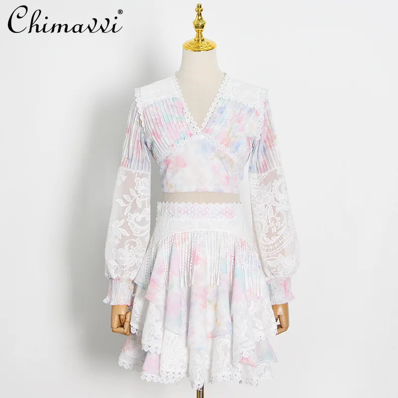 

Fairy Sweet Sexy Two Piece Set Printed V-neck Lantern Sleeve Hollow-out Backless Slimming Top Ruffled High Waist Fashion Skirt