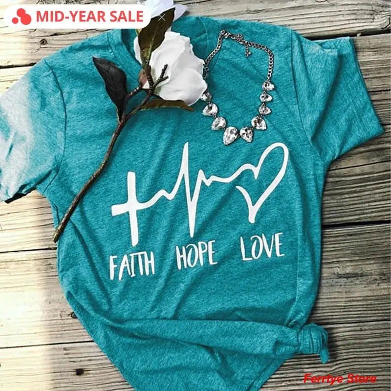 

8 Colors T-Shirt 5XL Plus Size Tees Tops Women 2020 Fashion FAITH HOPE LOVE Print T-Shirt Casual Solid O-Neck Short Sleeve