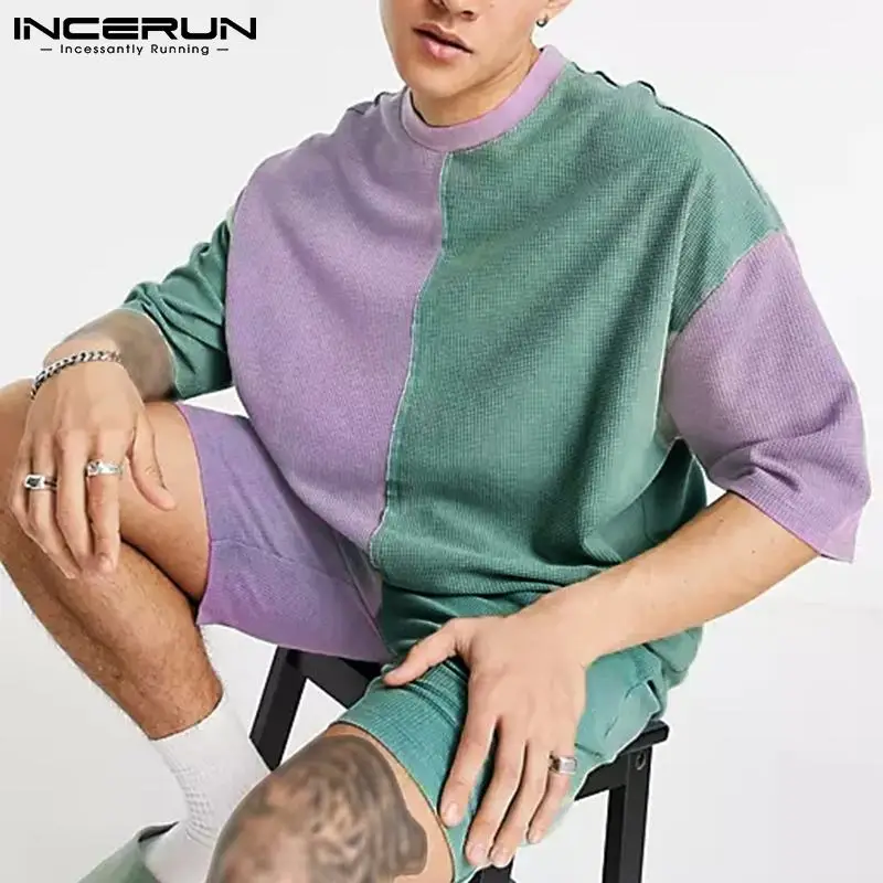

Костюм-двойка INCERUN мужской с круглым вырезом, Лоскутная футболка с короткими рукавами и шорты, уличная одежда, повседневный костюм, лето 2021