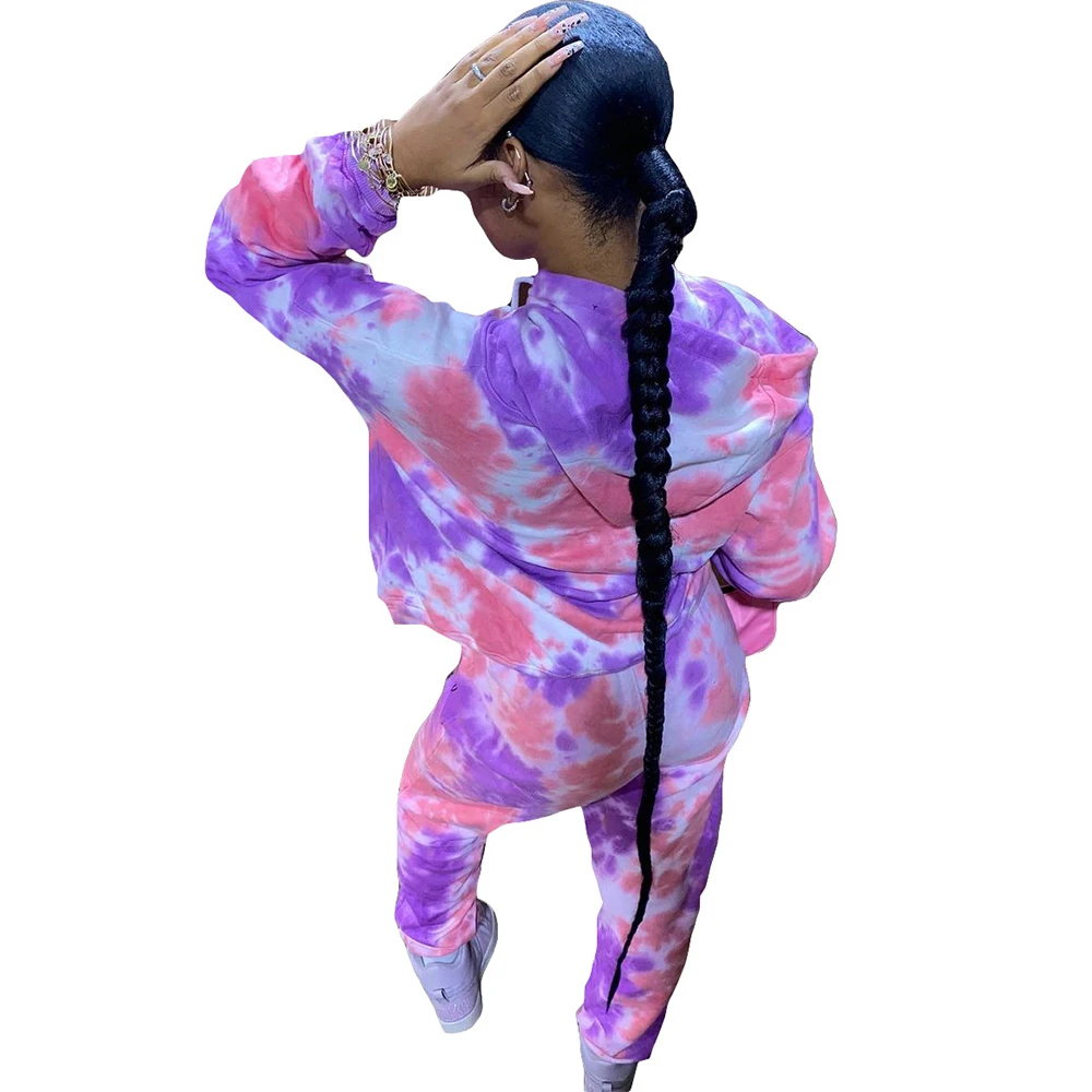 

Letter Tie Dye Print Hoodie 2 Pieces Set Women Autumn Hooded Long Sleeve Sweatshirt+sporting Sweatpant Streetwear Female Outfit
