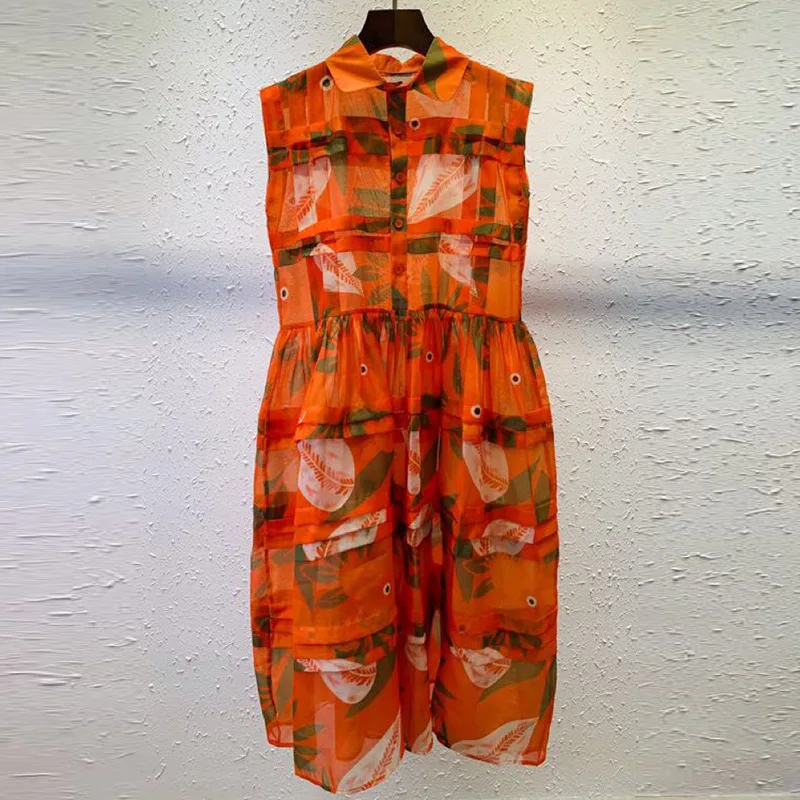 

New 2021 Summer Dress High Quality Women Turn-down Collar Fashion Print Sleeveless A-Line Casual Party Orange Red Dress Club
