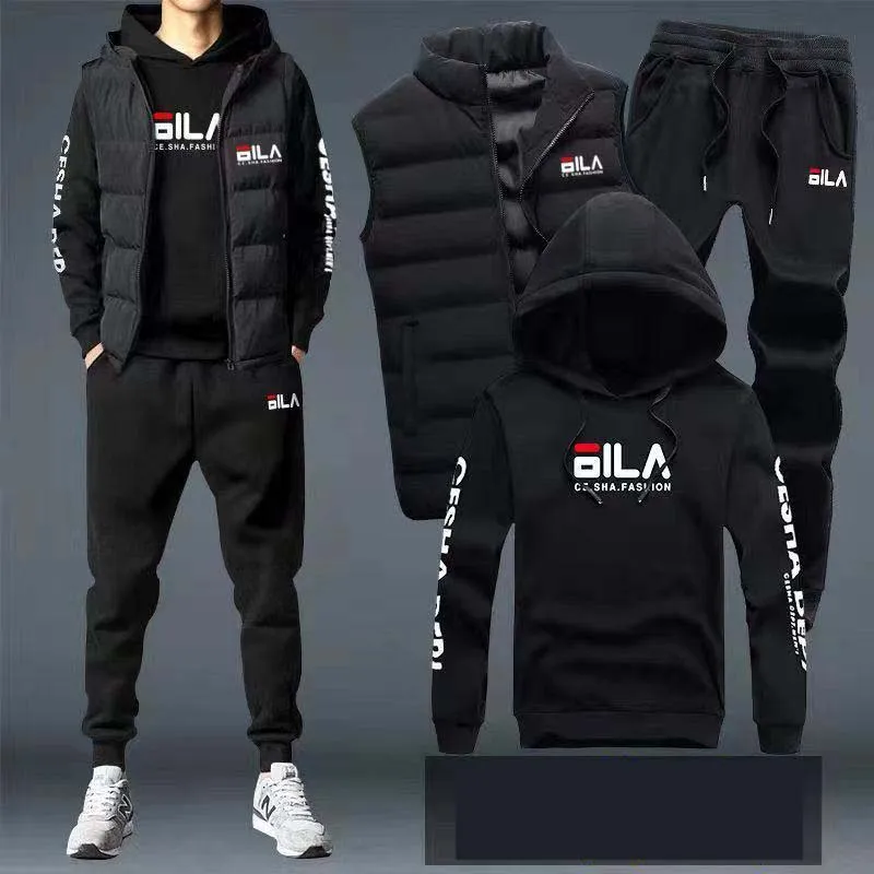 

EBAIHUI Men's Tracksuit Winter Thicken Warm 3 Pieces Set Fashion Letter Print Sweatshirt+Zip Up Hooded Vest+Pencil Trousers Suit