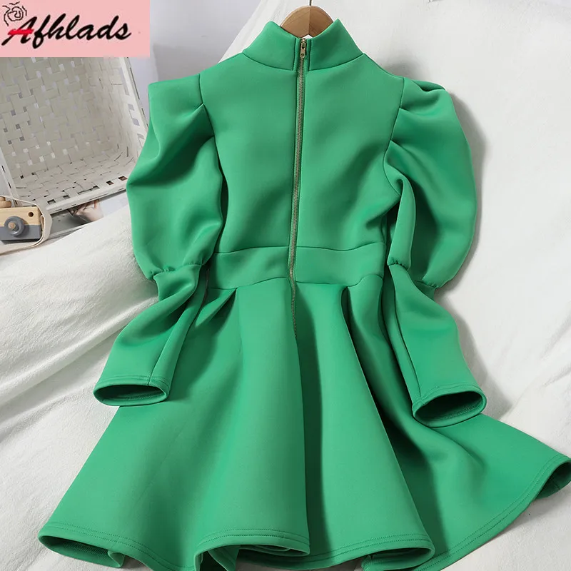 

Женское однотонное платье на молнии, элегантное офисное платье с воротником-стойкой и длинными рукавами-фонариками, весна-осень