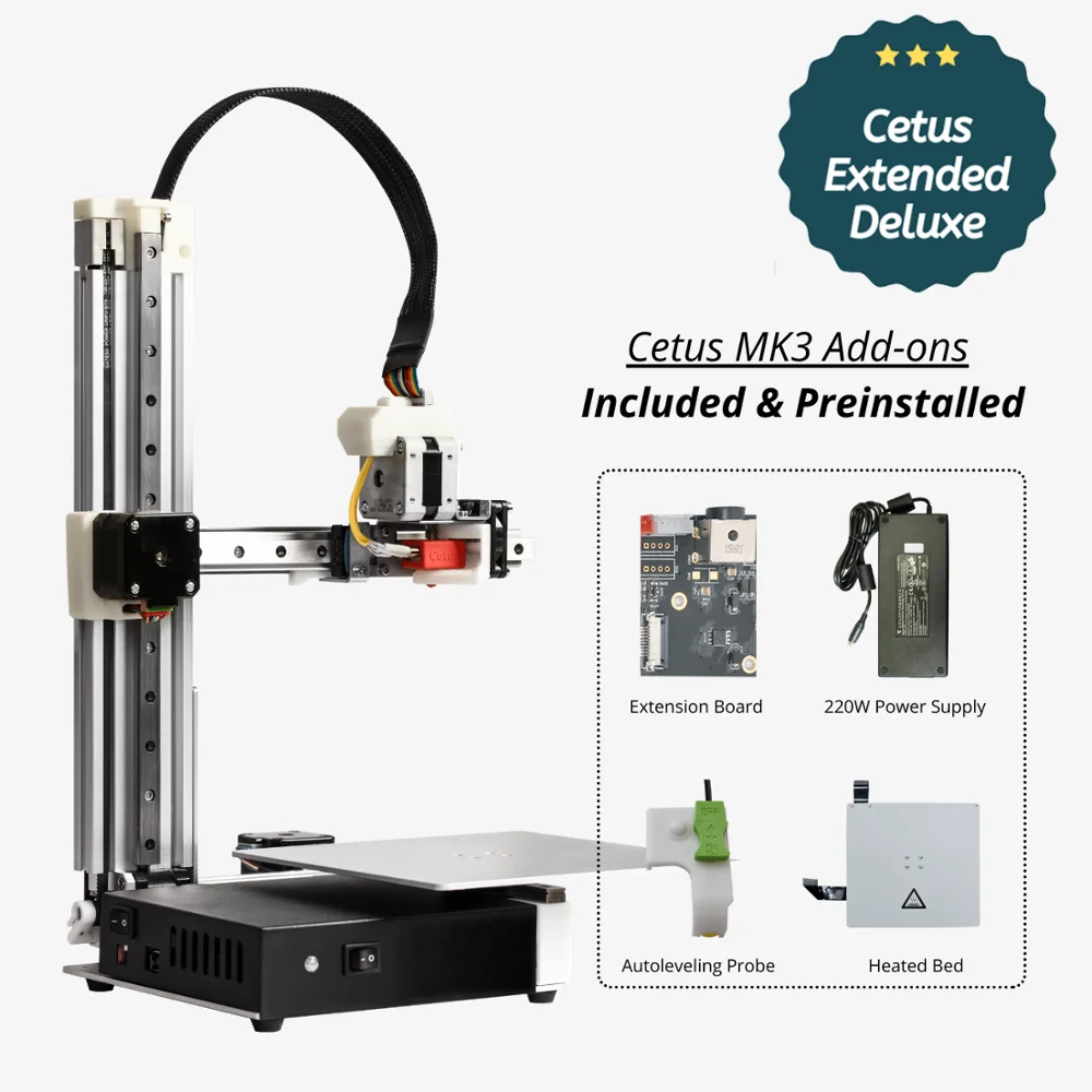 

Tiertime Cetus 3D Printer MK3 Extended Deluxe, Heated Bed, Auto Leveling Probe, Wear Resistant Steel Nozzles