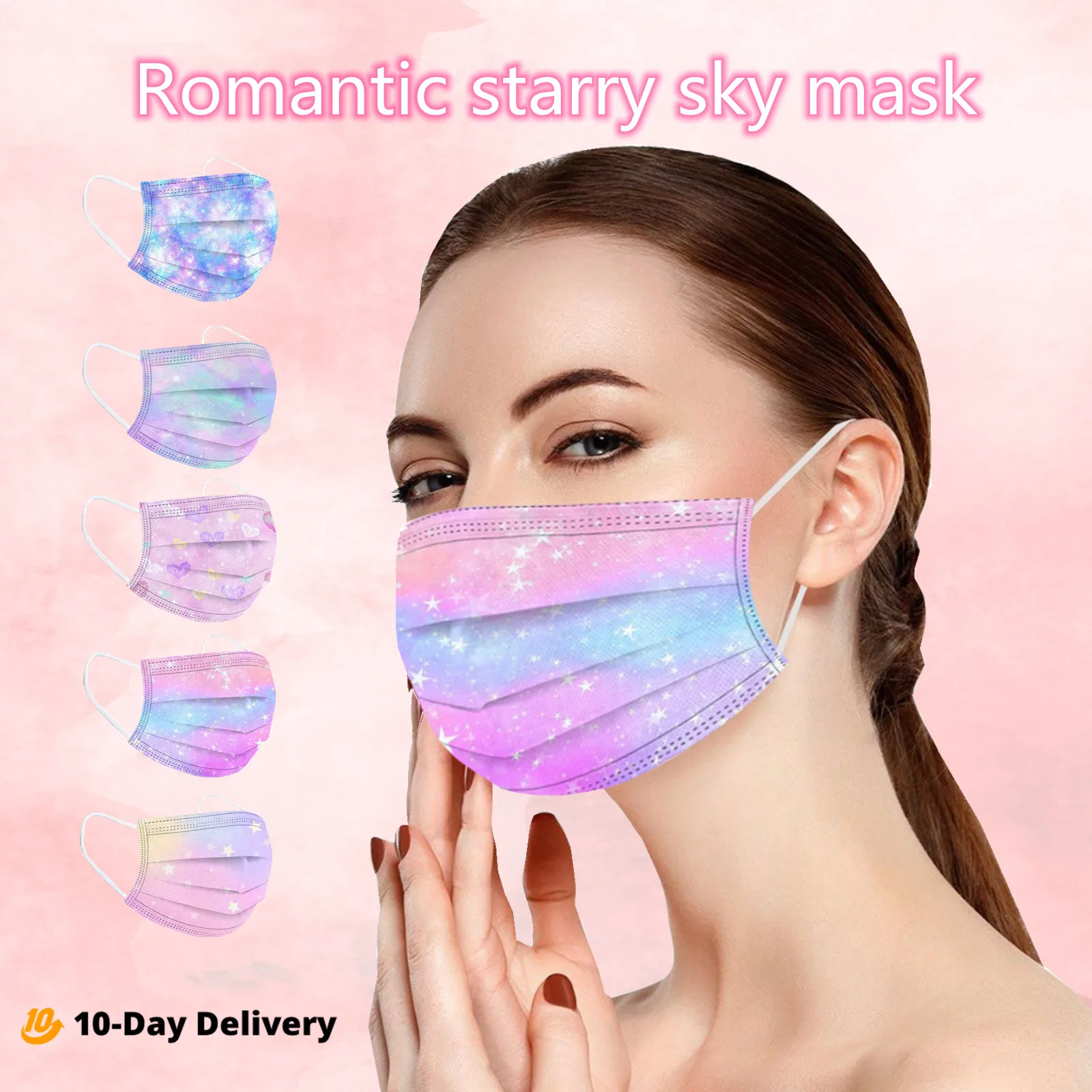 

10-200pcs Romantic starry sky Mask Adult Disposable Mask Tie-Dye Gradient Mask Fashion Printed Face Mask 3Layer Non-woven Fabric