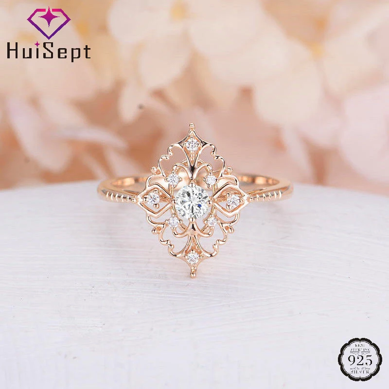 

HuiSept Elegant Women Ring 925 Silver Jewelry Flower Shape Zircon Gemstone Rose Gold Ornaments Rings for Wedding Party Wholesale