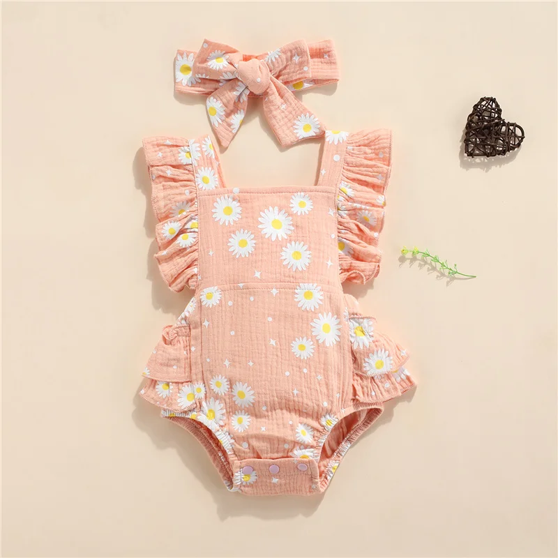 

2Pcs Baby Girls Summer Outfit, Daisy Printing Square Neck Ruffled Sleeves Romper + Hairband for Toddlers, 4 Colors