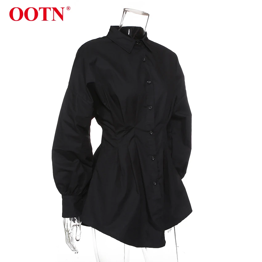 OOTN отложной воротник офисная рубашка платье дамы фонарь с длинным рукавом Элегантная плиссированная Туника белые женские платья осень
