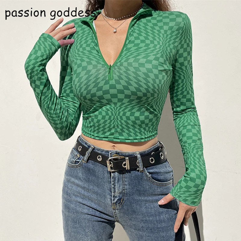 

New Women Fashion Streetwear Plaid Knitted Cotton T Shirt Stand Collar Long Sleeve Zip Up Bodycon Crop Tops Casual Ladies Tees
