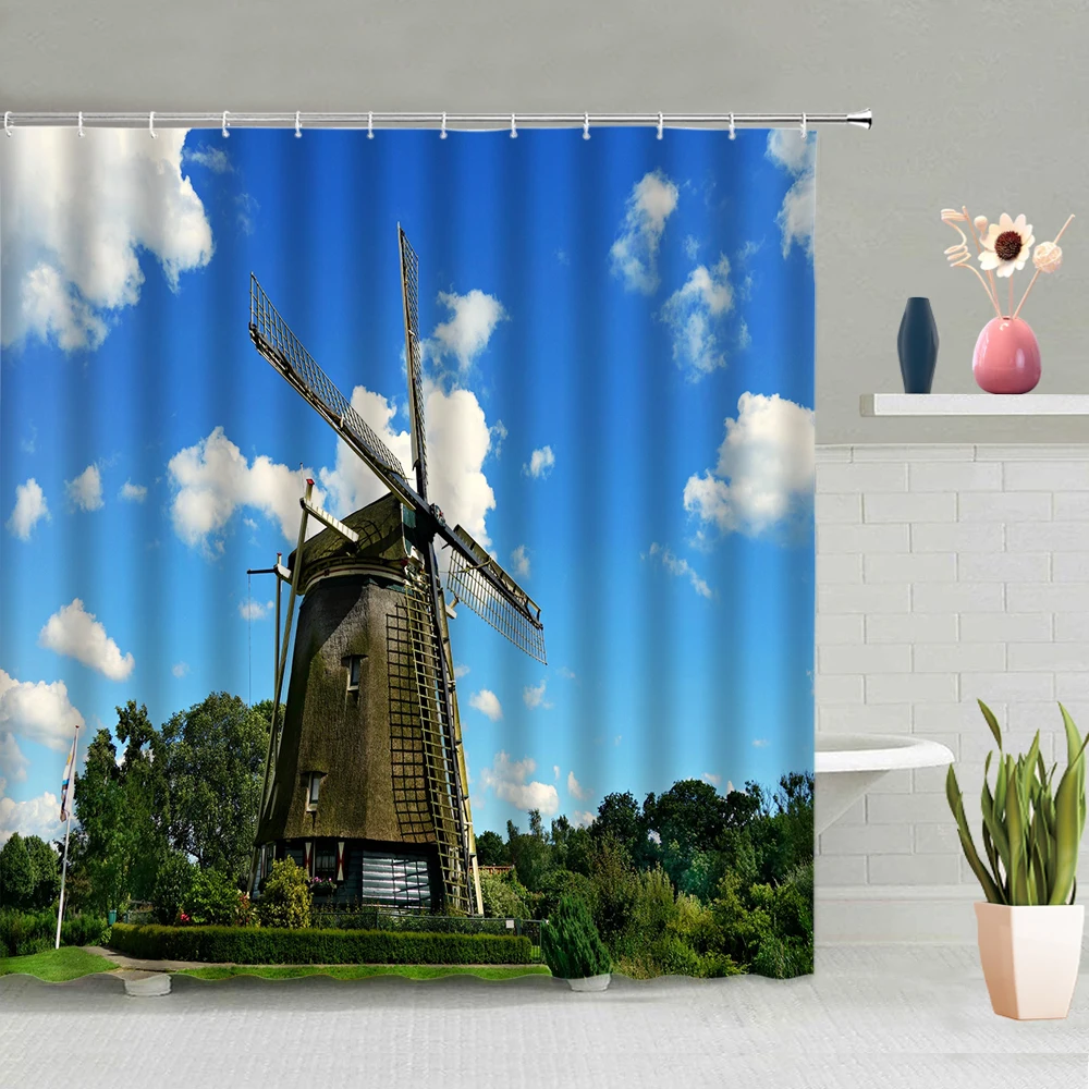 

Windmill Shower Curtain Countryside Landscape Sky Pasture Trees Wooden Wheel Car Pattern Decorative Shower Curtains With Hooks
