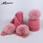 Шапка с помпоном из натурального меха норки и лисы, зимний комплект из шапки и шарфа с помпоном для девочек и женщин, вязаные шапочки, плотные шарфы