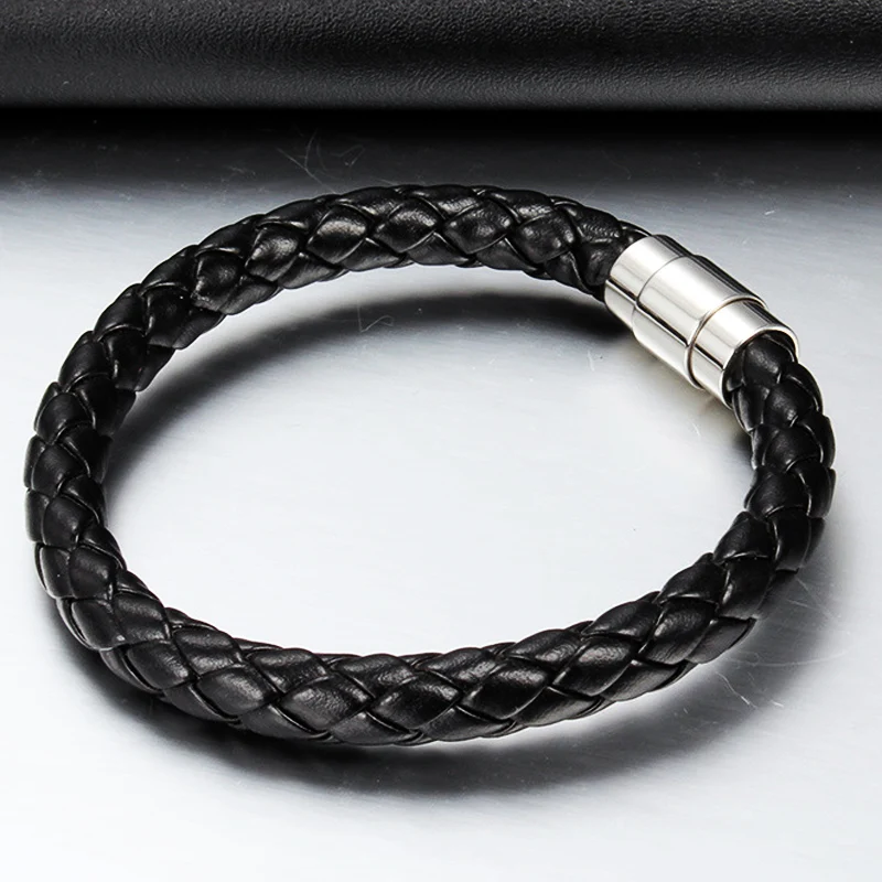 Punk Classic Style Men Women Leather Bracelet Simple Black Stainless Steel Button Neutral Accessories Hand-woven Bangles | Украшения и