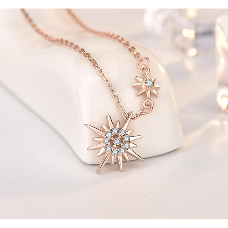 

925 Sterling Silver Plated 14K Gold Shiny Zircon Sun Charming Luxury Dainty Pendant Necklace Chain Jewelry for Women Gift New
