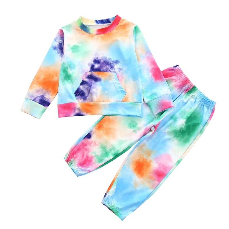Primavera oto&ntilde;o ni&ntilde;o ni&ntilde;os ch&aacute;ndal de beb&eacute; establece beb&eacute; ni&ntilde;os lazos para ni&ntilde;as-dye impreso de manga larga Tops pantalones trajes casuales 0-5Y-4