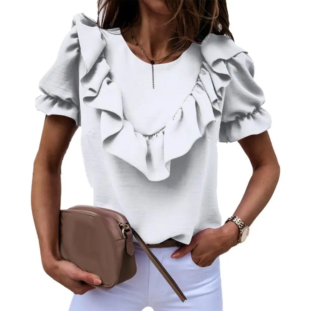 

Women Shirt Office Lady Summer Solid Color O Neck Ruffled Sleeve Edge Casual Shirt Blouse Female chemise femme рубашки оверсаиз