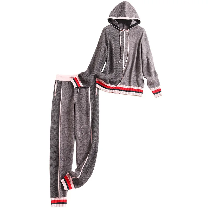 

Knitted Asymmetric Tracksuit Set Women Autumn Winter Hooded Sweater + Elastic Waist Ankle-Length Pants Casual Suit for Women