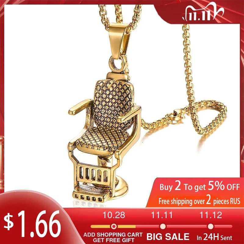 

New Retro Barbershop Chair Shape Pendant Necklace Men's Necklace Fashion Metal Sliding Pendant Accessories Party Jewelry