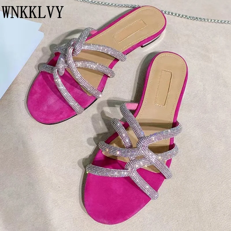 

New summer Cross Band Rhinestone Slippers Women flat shoes bling bling Crystal Sandals Party Dress Shoes For Ladies flipflops