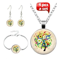 4 pcsset glass cabochon necklace earrings bangle set colorful life tree art picture pendant statement chain for women jewelry