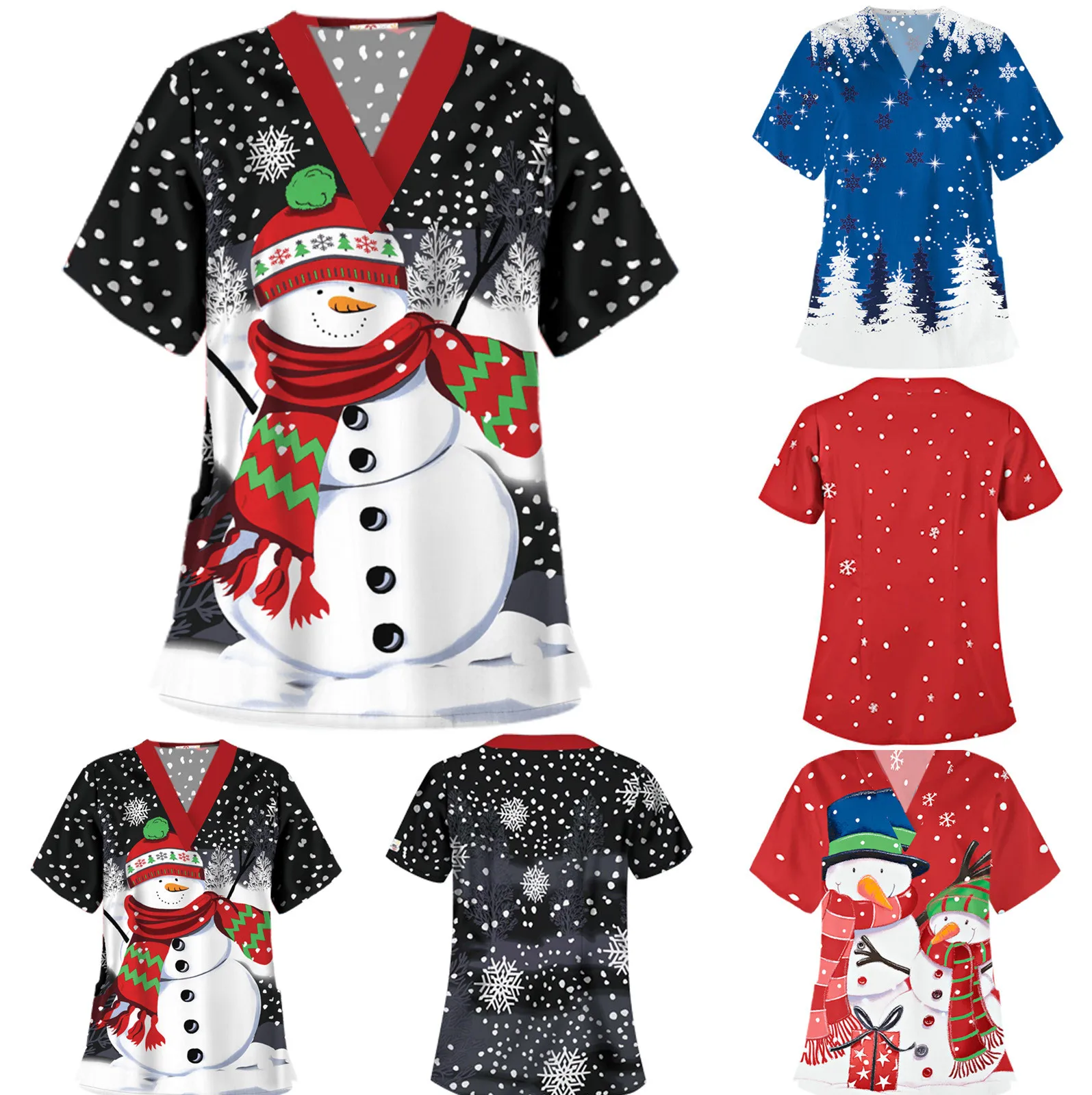 

Women Thanksgiving Tunic Shirts Nurse Nursing Short Sleeve V-neck Tops Working Uniform Christmas Blouse Clothes wholesale