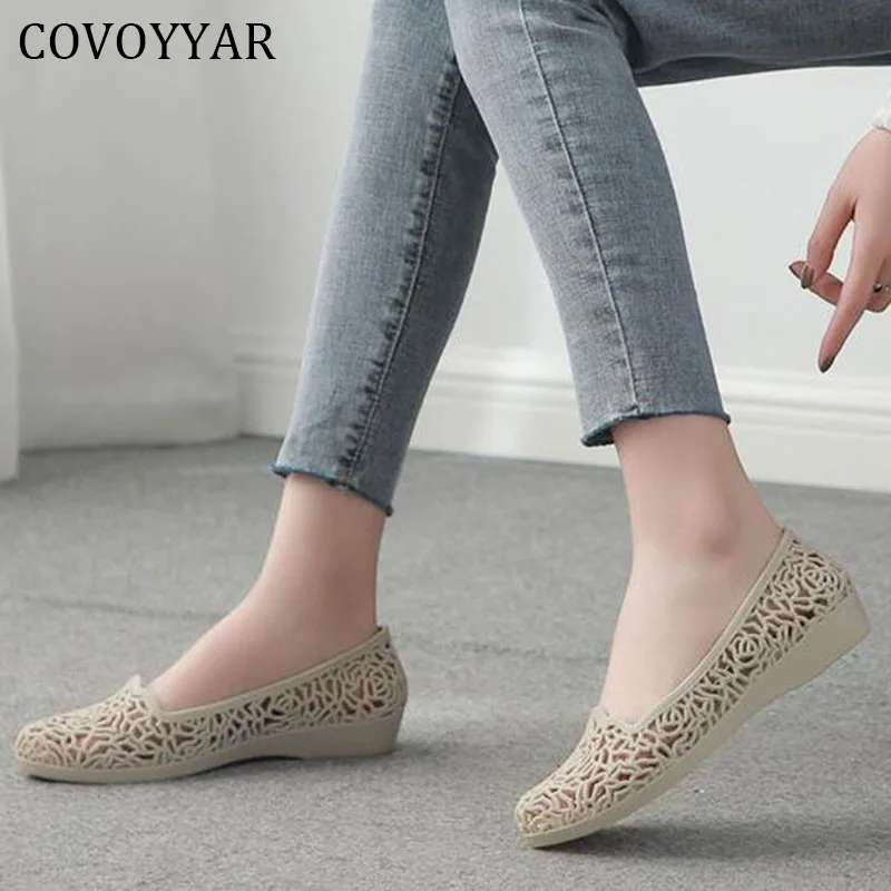 

COVOYYAR Jelly Flat Shoes Women Cut Out Slip-on Loafers PVC Waterproof Non-slip Pointed Toe Rose Summer Woman Sandals WFS4085