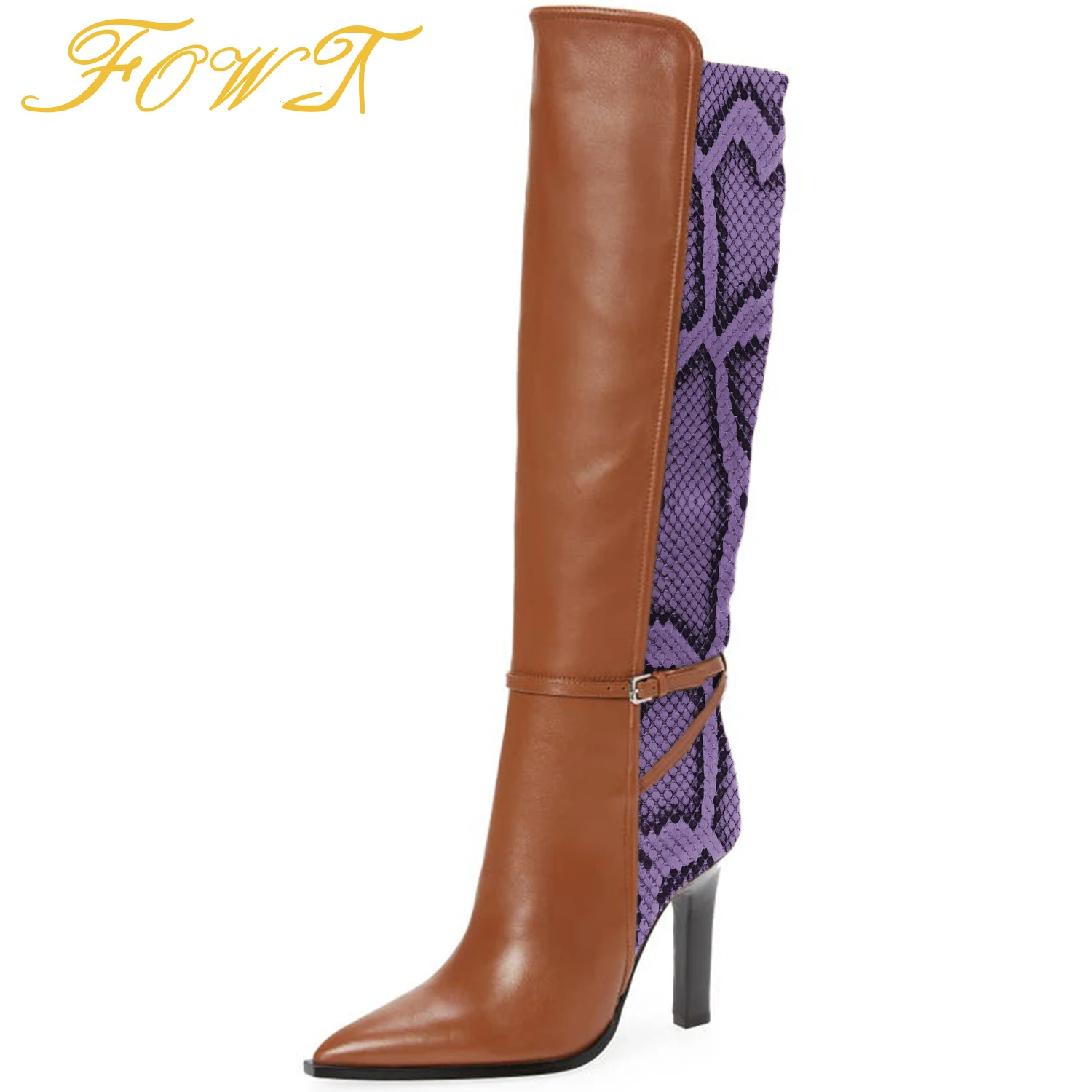

Purple Snackskin Patchwork High Chunky Heels Knee-High Boots Women Pointed Toe Long Booties Ladies Party Winter Shoes 44 45 FOWT