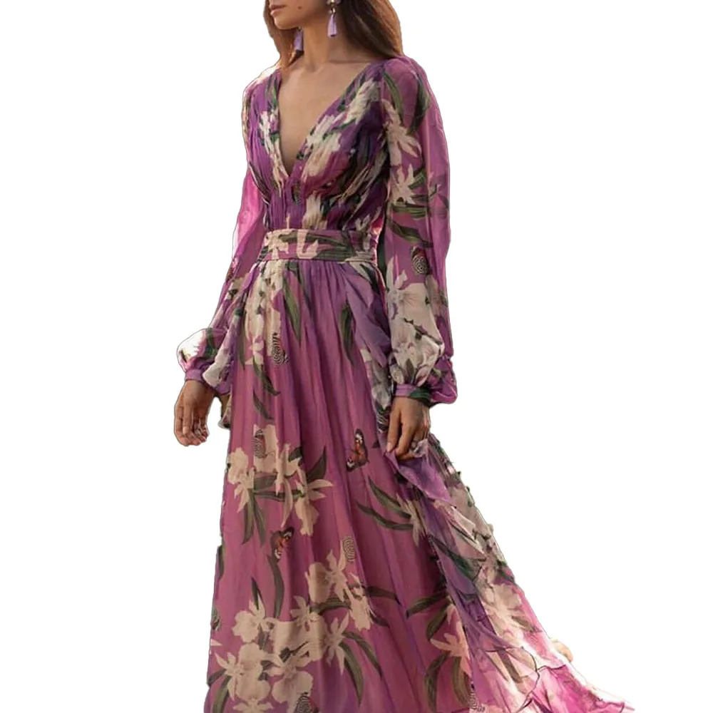 

Summer 2021 Western Style Fashion Vacation Printing V-neck Long Sleeve High Waist Women's Dress Casual Temperament