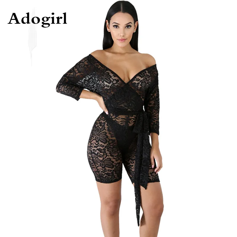 

Adogirl 2019 Autumn Woman Lace Perspective V-Neck Playsuit Long Sleeve With Sashes Night Club Party Bodycon Jumpsuit Outfits