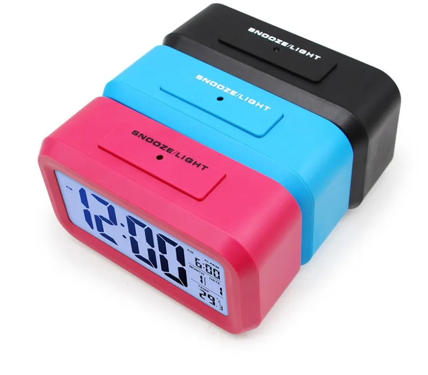 

Digital Alarm Clock Time Data LCD Display Snooze Function Electronic BackLight Sensor Nightlight Office Table Student Kids Clock