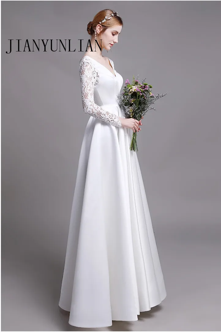 Элегантные атласные свадебные платья с карманами кружевные длинным рукавом